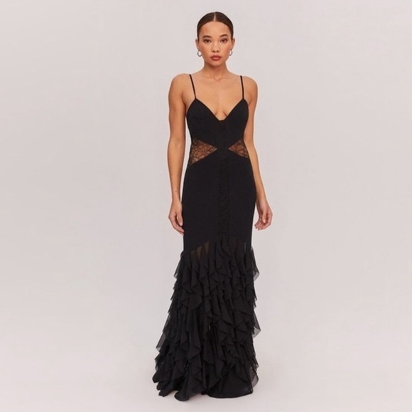 Fame and Partners Abby Gown Draped Tiered Black Spaghetti Strap Maxi Dress Lace - Picture 1 of 9